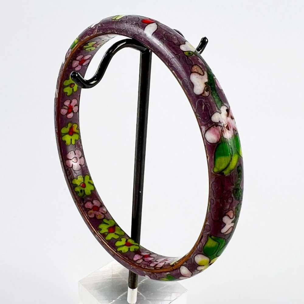Vintage Chinese Purple Cloisonne Enamel Floral Round Bangle Bracelet